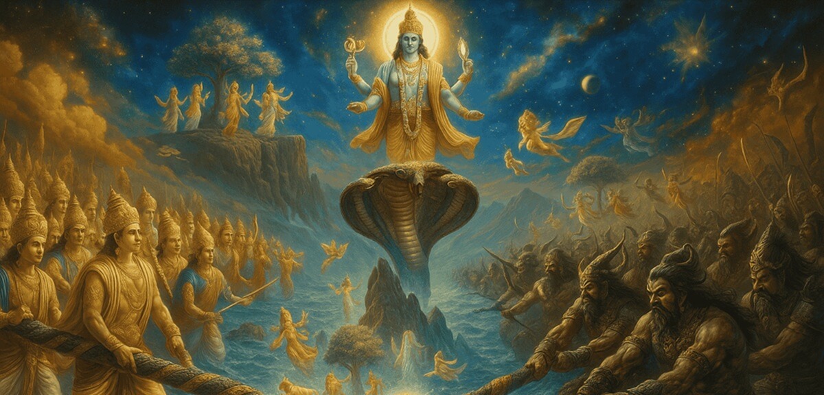 Origen mitológico: El surgimiento de Dhanvantari del Samudra Manthan